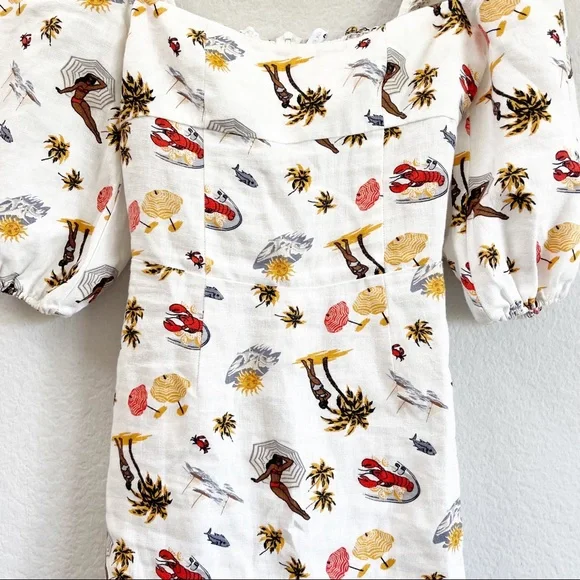Reformation Hampstead Linen Dress White Tropez Print Lobster
